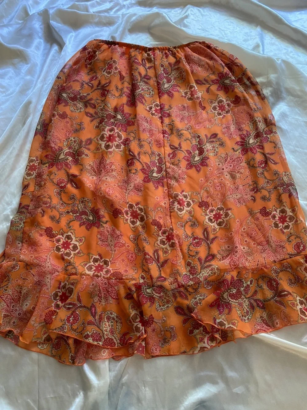 Vintage y2k Orange Floral Paisley Ruffle Midi Skirt Boho Fairy Size 16W